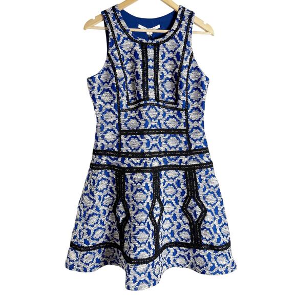 Diane von Furstenberg Margot Flounce Fit Flare Blue Diamond Jacquard Dress 12 - Picture 5 of 16